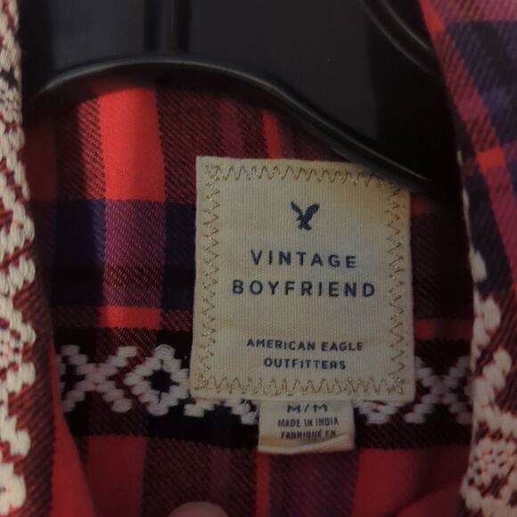 American Eagle Womens M Vintage Boyfriend Red Plaid Long Sleeve Flannel Shirt - Picture 3 of 7